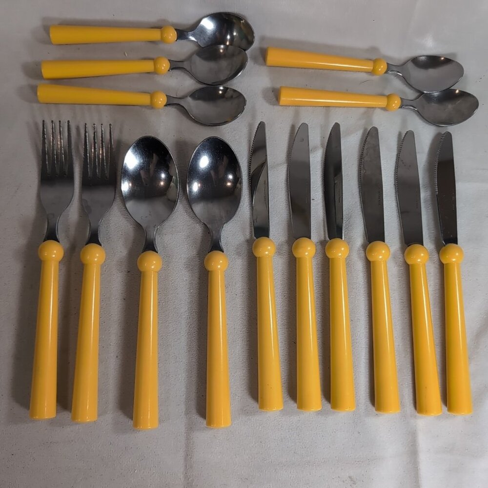 IKEA 15 Lot GRAMMATIK Vintage Flatware Yellow Plastic Fork Knives Spoon Cutlery